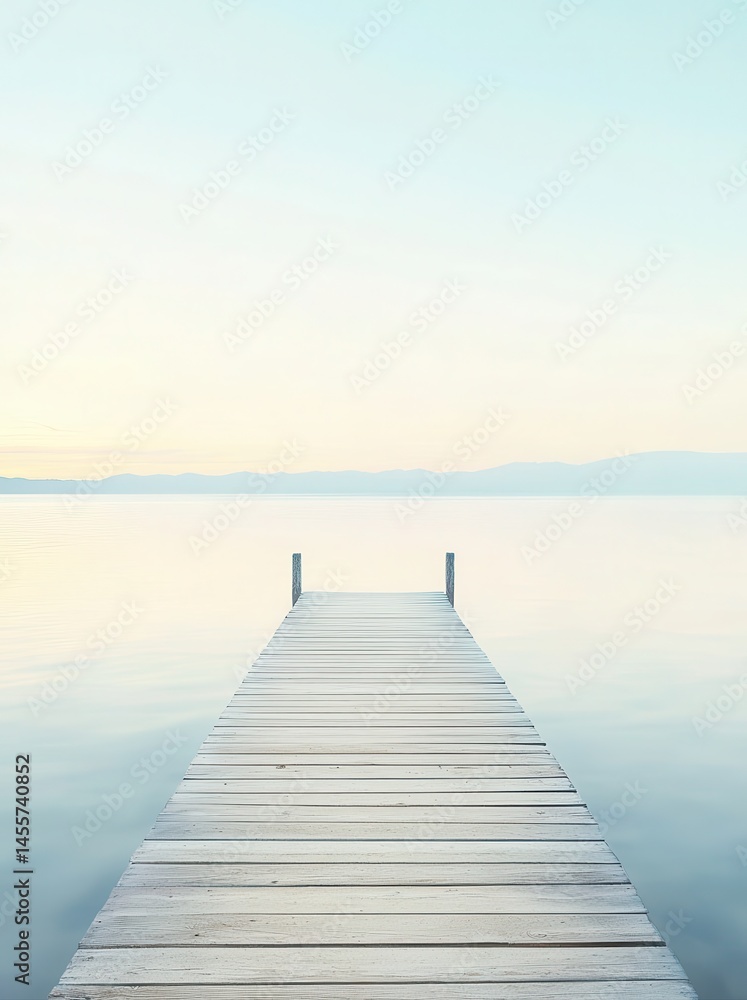 Fototapeta premium Serene wooden dock extending into calm waters at dawn, surrounded by distant mountains