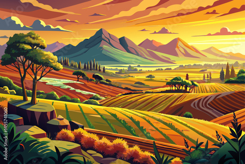 Rural landscape with golden hay bales scattered across a wide field under a glowing summer sunset. Perfect for farming vector, countryside serenity, harvest season, and nature themes