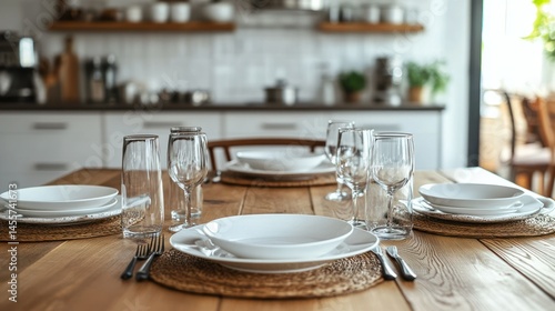 Elegant modern dining table set with white ceramic plates, clear drinking glasses, and cutlery, in a bright contemporary kitchen for family meals or gathes