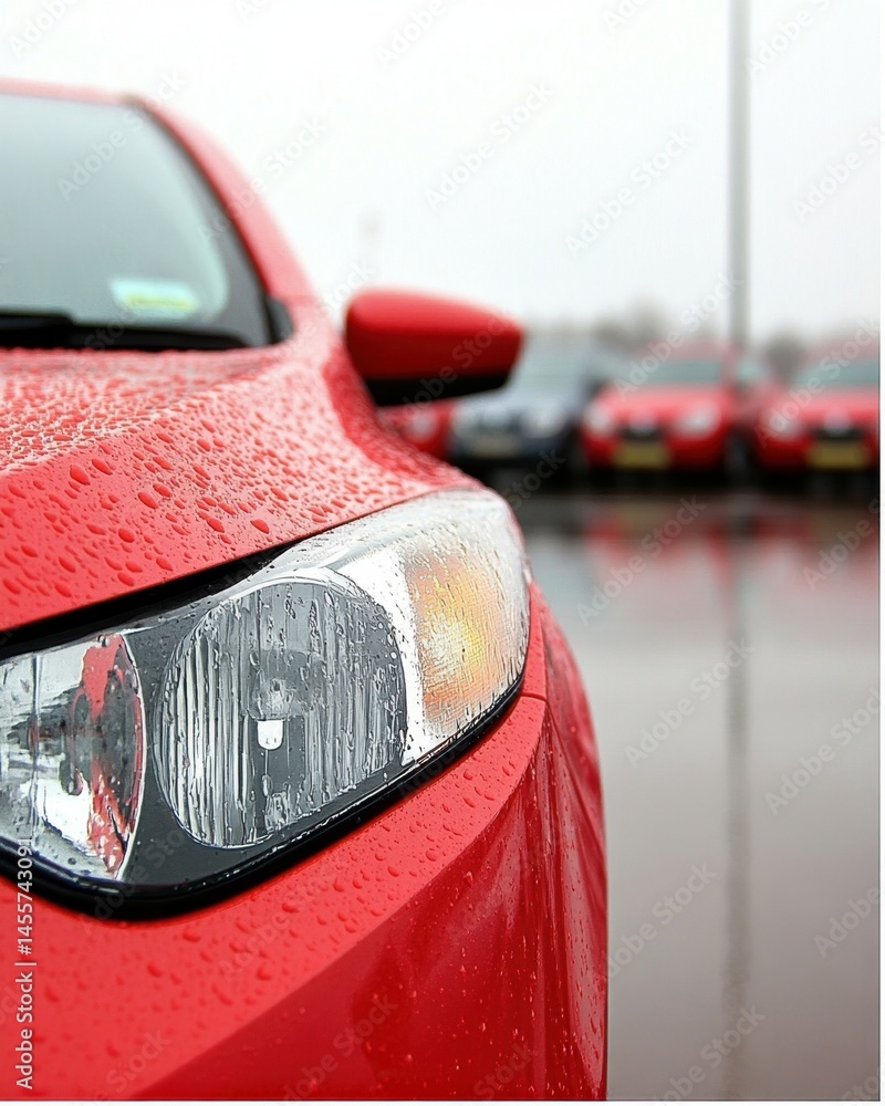 Fototapeta premium Close-up of a Red Car Headlight with Water Droplets on a Rainy Day in a Car Dealership Lot