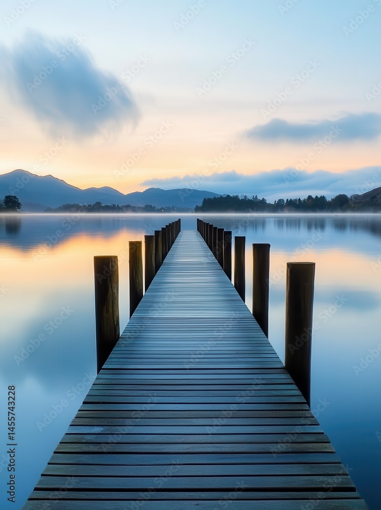 Naklejka premium Tranquil wooden pier extending into a serene lake at sunrise, surrounded by mountains