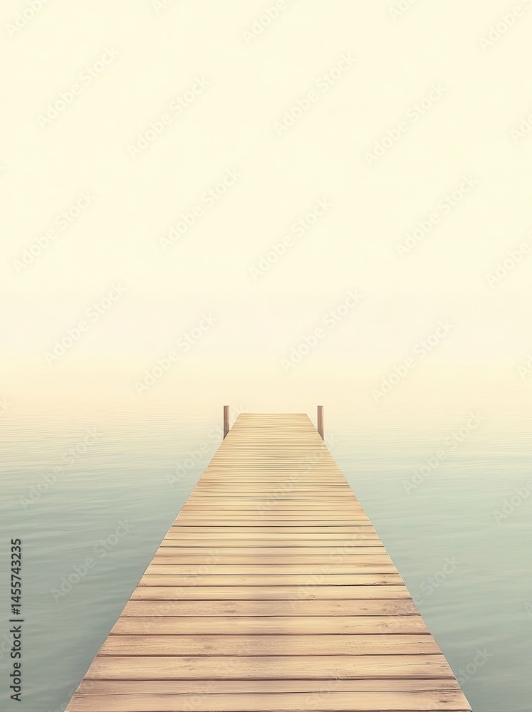 Obraz premium Tranquil wooden dock extending into calm water under a soft pastel sky at dawn