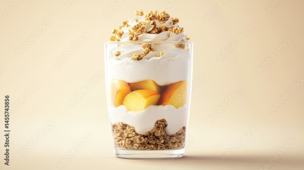 Delicious layered dessert with fresh peaches granola creamy yogurt whipped cream and caramel drizzle served in a clear glass on a neutral background Delicious layered dessert with fresh peaches granola creamy yogurt whipped cream and caramel drizzle served in a clear glass on a neutral background