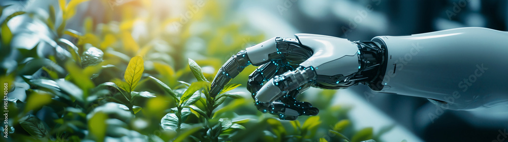 Obraz premium Robot hand interacts with plants in a botanical setting, created with Generative AI