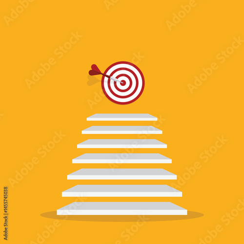 Goal, motivation to success. Climb up stairs to reach goal target on the top.