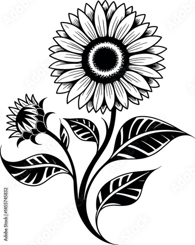 A black and white line art illustration of a sunflower plant with two flowers - one fully bloomed and one in bud form. 