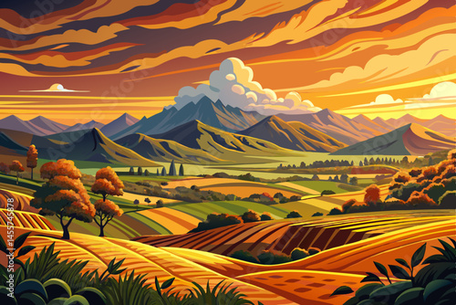 Rural landscape with golden hay bales scattered across a wide field under a glowing summer sunset. Perfect for farming vector, countryside serenity, harvest season, and nature themes