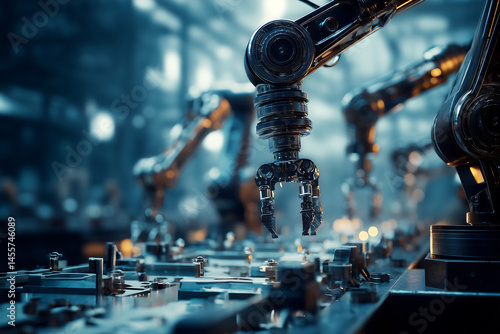 robotic arms assembling parts on a futuristic production line, steel and chrome materials, high-tech atmosphere, sharp macro textures, dramatic lighting --ar 3:2 --v 7.0 --raw - @Liebsleid (relaxed) 
