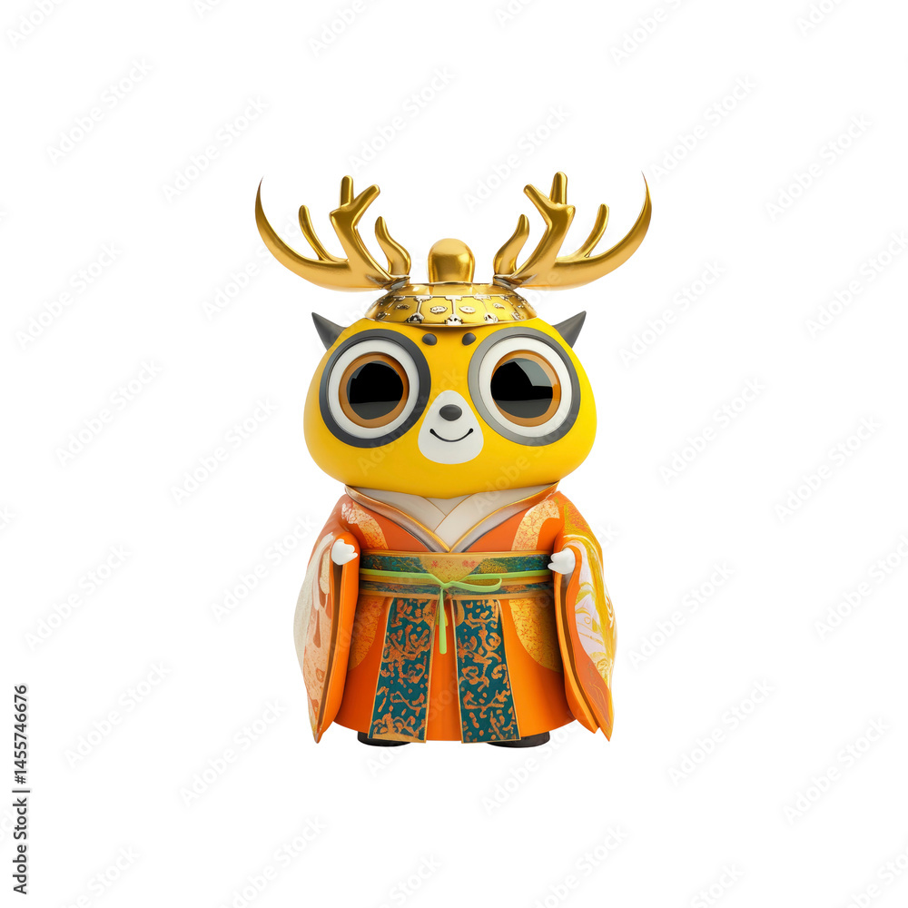 Naklejka premium Adorable 3D Render of a Cartoon Deer in Traditional Asian Clothing