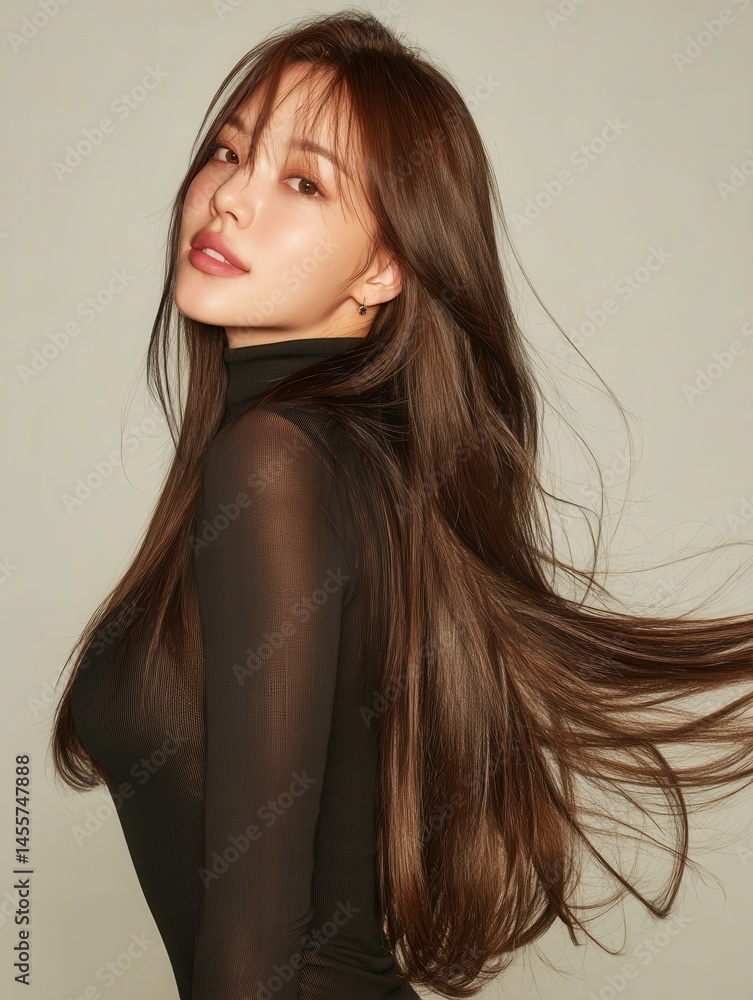 Naklejka premium beautiful Korean model with thick very soft gorgeous straight long hair paired with regular beauty treatments show off the beauty