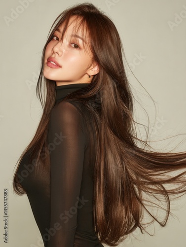 beautiful Korean model with thick very soft gorgeous straight long hair paired with regular beauty treatments show off the beauty
