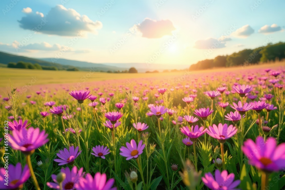 Obraz premium Sunlit field awash in a sea of pink and purple wildflowers against a cloudless sky , botanical, floral field, delicate