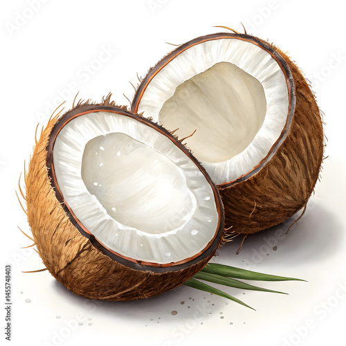 A realistic coconut cut in half, exposing its bright white, fleshy interior and liquid.