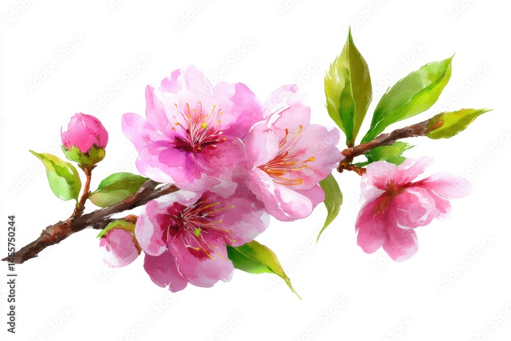 Obraz premium Watercolor Painting of a Flowering Branch with Pink Blossoms and Green Leaves on White Background