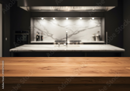 Wooden Table with Marble Countertop in Luxurious Kitchen, Perfect for Premium Ingredients