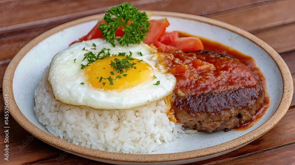 A classic loco moco plate featuring rice, a juicy hamburger patty, a fried egg, and savory tomato sauce, offering a fresh and delicious Hawaiian dish perfect for brunch or lunch.
A classic loco moco plate featuring rice, a juicy hamburger patty, a fried egg, and savory tomato sauce, offering a fresh and delicious Hawaiian dish perfect for brunch or lunch.