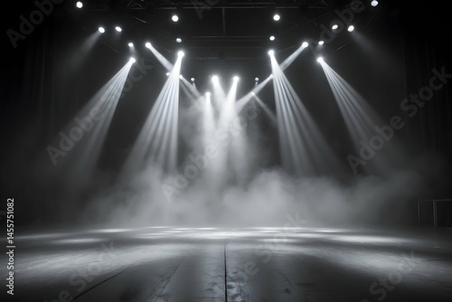 Empty stage with spotlights and smoke effect creating a dramatic atmosphere