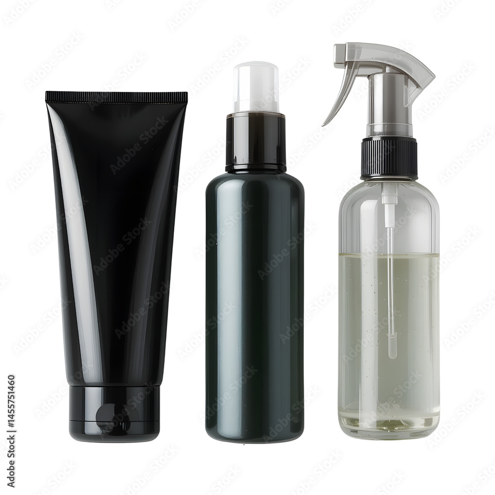 A set of travel-sized cosmetic bottles with transparent containers, isolated on white. A set of travel-sized cosmetic bottles with transparent containers, isolated on white.