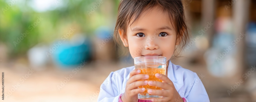 Smiling child holding a glass of drink, showcasing innocence and joy in a vibrant outdoor setting. Smiling child holding a glass of drink, showcasing innocence and joy in a vibrant outdoor setting.