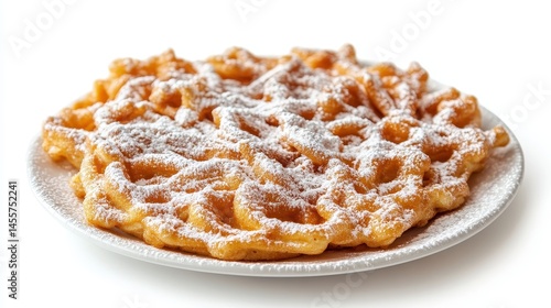 Crispy funnel cake with powdered sugar, on a white plate isolated. Perfect for sweet treats, fairs, and carnival-themed designs.