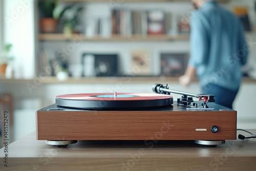 Vintage turntable plays vinyl record in a cozy living room during afternoon