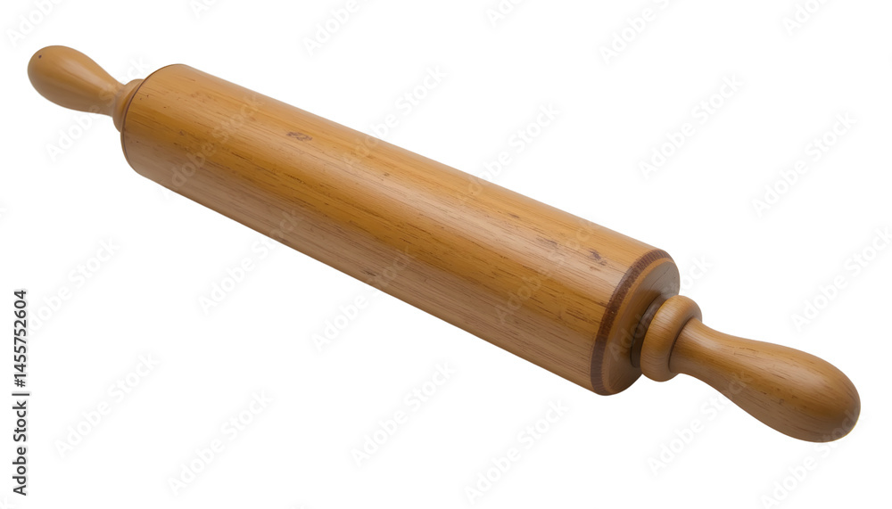 A classic hardwood rolling pin with a smooth cylindrical barrel and turned handles on both ends A classic hardwood rolling pin with a smooth cylindrical barrel and turned handles on both ends
