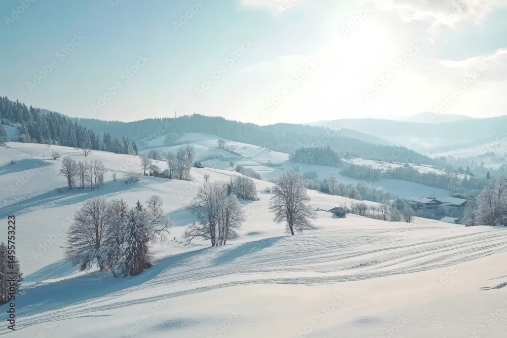 Obraz premium A picturesque winter scene featuring snow-covered fields and trees in a rural countryside.