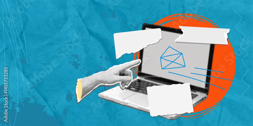 Trendy halftone collage with cut out hand pointing at messages in laptop with copy space. Concept of communication in internet. Modern retro textured vector illustration on blue background