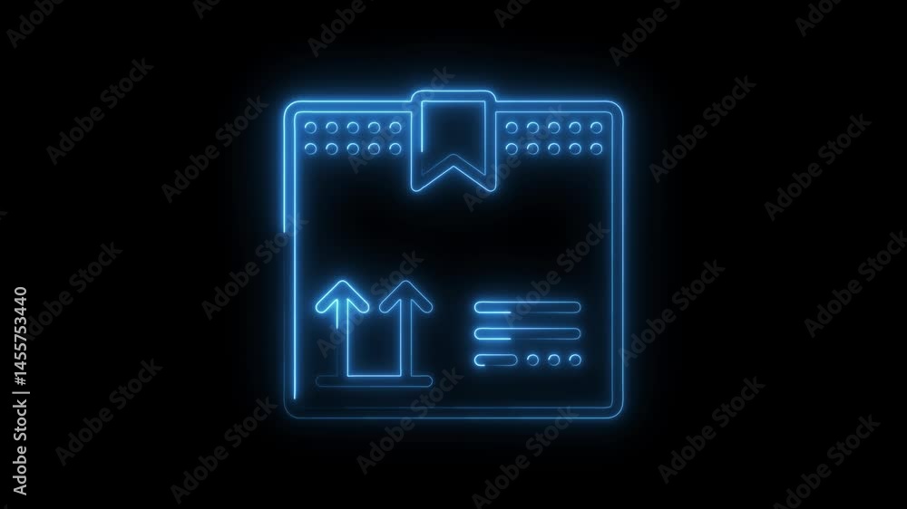 Neon style box with upward arrows and labels on black background Neon style box with upward arrows and labels on black background