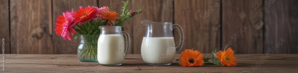 A jug and glass of milk sit on a rustic wooden table beside a single flower , object, floral, delicate A jug and glass of milk sit on a rustic wooden table beside a single flower , object, floral, delicate