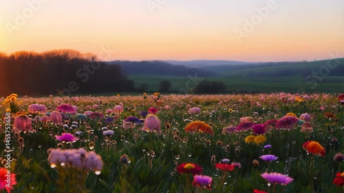 Vibrant sunrise over a dew-kissed field of colorful wildflowers