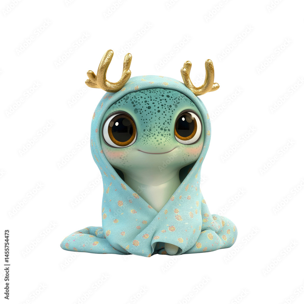 Obraz premium Adorable Cartoon Gecko Wrapped in a Blanket with Antlers
