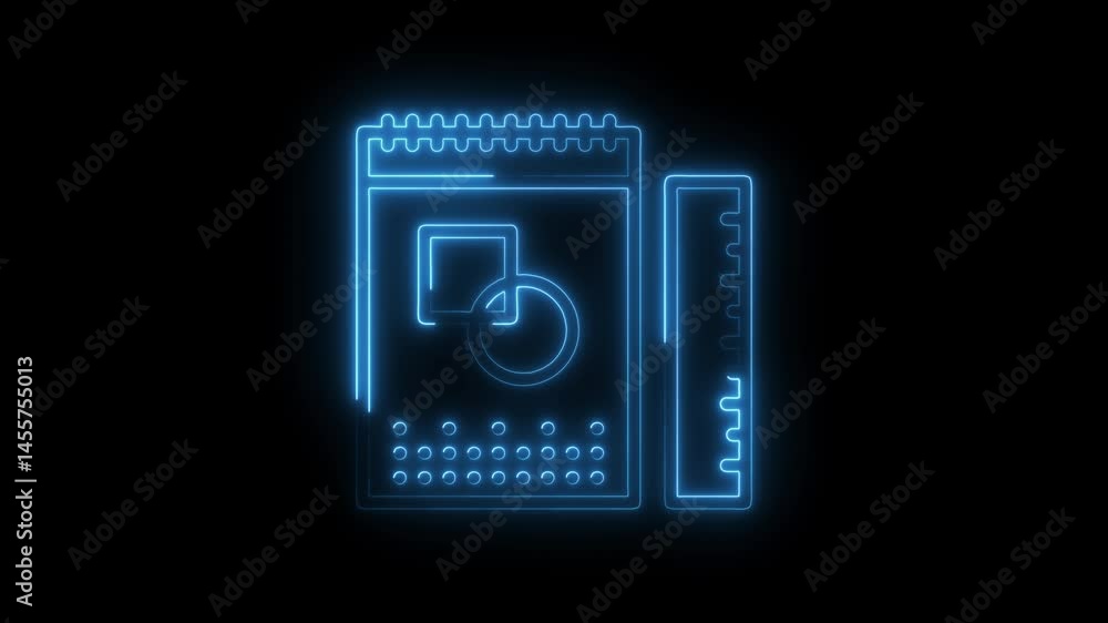 Neon blueprint design concept with circle,square and ruler on black background Neon blueprint design concept with circle,square and ruler on black background