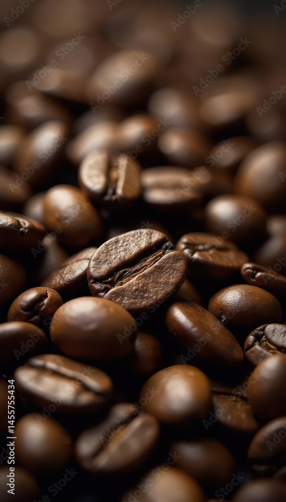 Naklejka premium Dark roasted coffee beans close-up, rich aroma , robusta, macro, roasted coffee