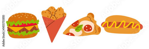 Fast food set. French fries, hamburger, hot dog, popcorn, shawarma, chips, pizza, donut etc. Vector illustration of takeaway street food. Hand drawn illustration flat doodle style for menu ,banner