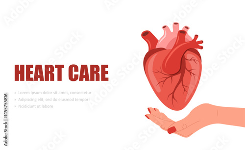 Heart care. Female hands hold human heart. Cardiology and circulatory system diseases. Vector illustration in flat cartoon style.