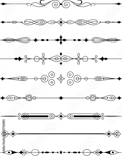 A set of 9 decorative black line dividers arranged horizontally on a white background. Vector set of decorative elements, frame, and line style.