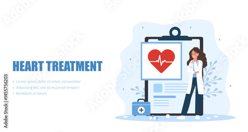 Heart treatment. Cardiology and circulatory system disease. Cardiologist concept. Doctor patient help. Vector illustration.