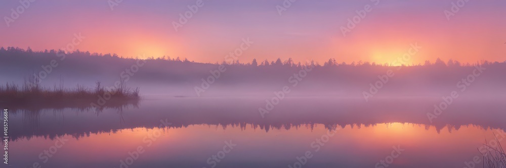 Fototapeta premium Vibrant rainbow fog drifts across still lake at dawn , fantasy, peaceful