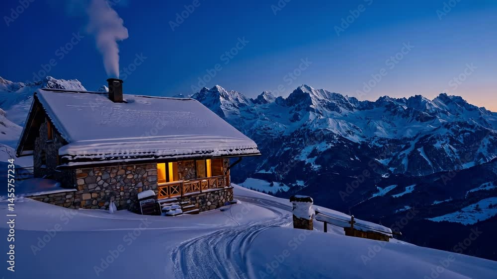 Cozy cabin with a chimney and a fireplace is nestled in the snow on a mountain Cozy cabin with a chimney and a fireplace is nestled in the snow on a mountain