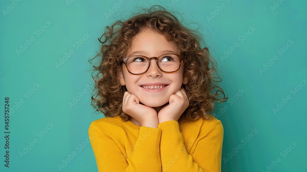 Fototapeta premium Adorable child with glasses and curly hair laughs freely, spreading happiness and youthful energy. 