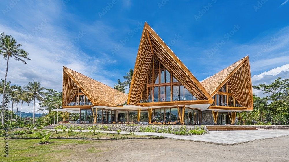 Obraz premium Tropical beach resort stunning architecture unique design luxury vacation travel destination exotic holiday summer getaway clear sky