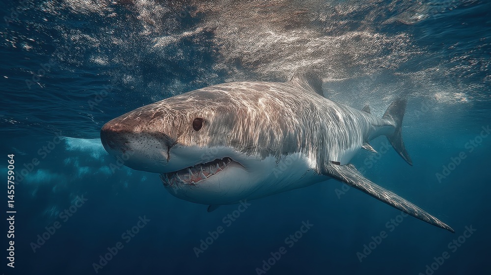 Fototapeta premium Majestic Great White Shark Swimming Gracefully Under Water Surface