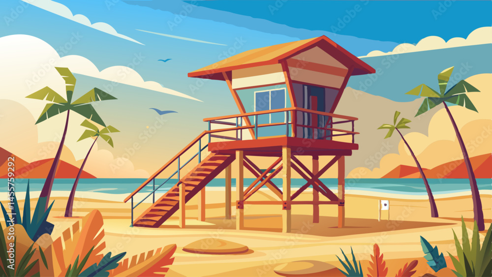 Fototapeta premium An empty lifeguard tower stands crooked in the sand