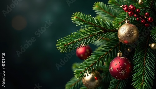 Wallpaper Mural Dark green fir branch adorned with gold, red, and white ornaments , red, winter Torontodigital.ca