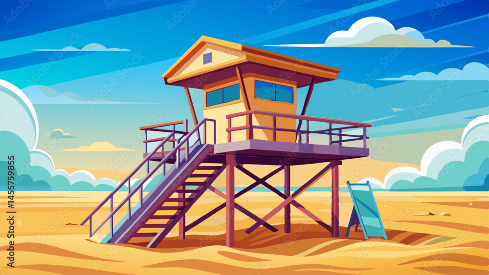 An empty lifeguard tower stands crooked in the sand An empty lifeguard tower stands crooked in the sand