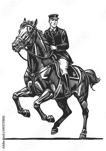 man riding horse engraving illustration vintage style. wood cut vector illustration