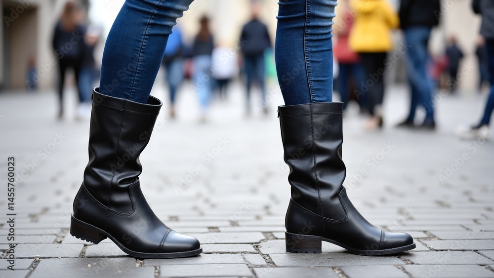 Fototapeta premium Closeup view of athletic woman, denim fashion, jeans, blurred street background
