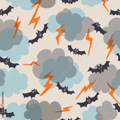 Bats flying around lightning bolts and thunder clouds as spooky scene in color palette of orange, black, blue on off white background. Halloween seamless vector pattern. Great for home decor, fabric.