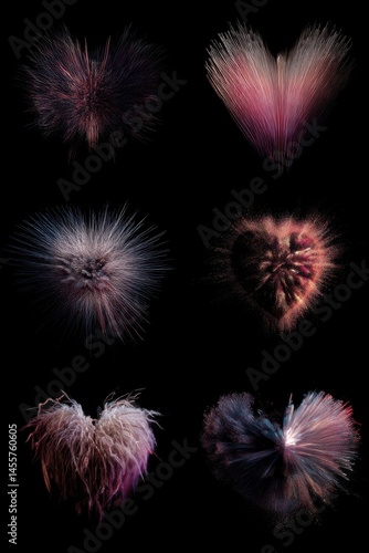 Six Abstract Hearts on Black Background - Love and Valentine's Day Artistic Concepts